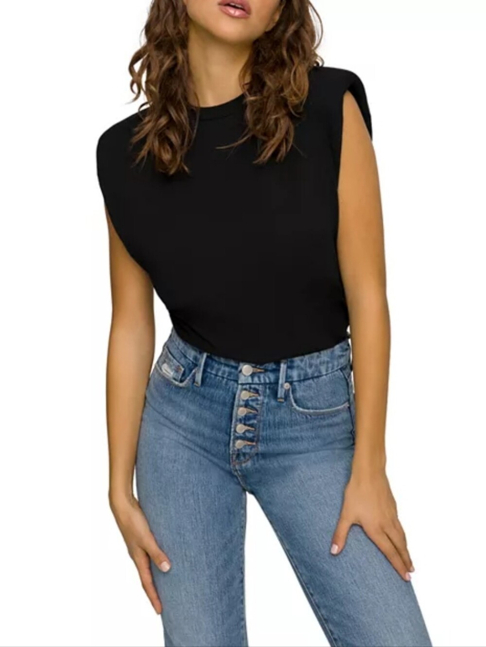 Good American Strong Shoulder Boxy Cap Sleeve Top Size 2/Medium Color Black